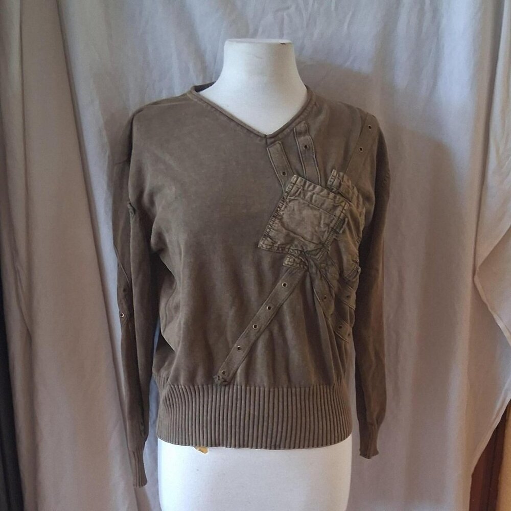 junguo med Brown vintage 90s sweater with unique pocket and ribbon rivets detail